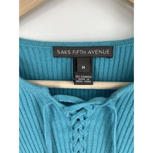 Vintage Saks Fifth Avenue Cashmere Teal Blue Lace Up Size Medium Y2K 90’s - Picture 2 of 3